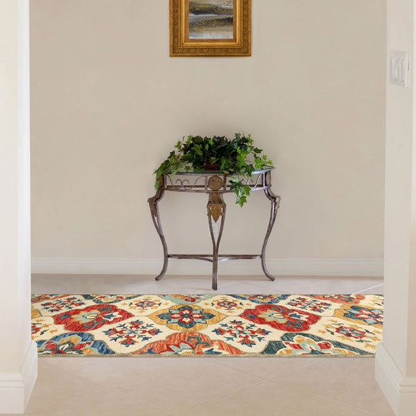 HomeRoots 8' Blue and Ivory Geometric Wool Runner Rug – Hand-Tufted Artisanal Design for Modern Spaces 8' Runner 486902