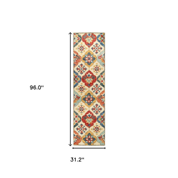 HomeRoots 8' Blue and Ivory Geometric Wool Runner Rug – Hand-Tufted Artisanal Design for Modern Spaces 8' Runner 486902
