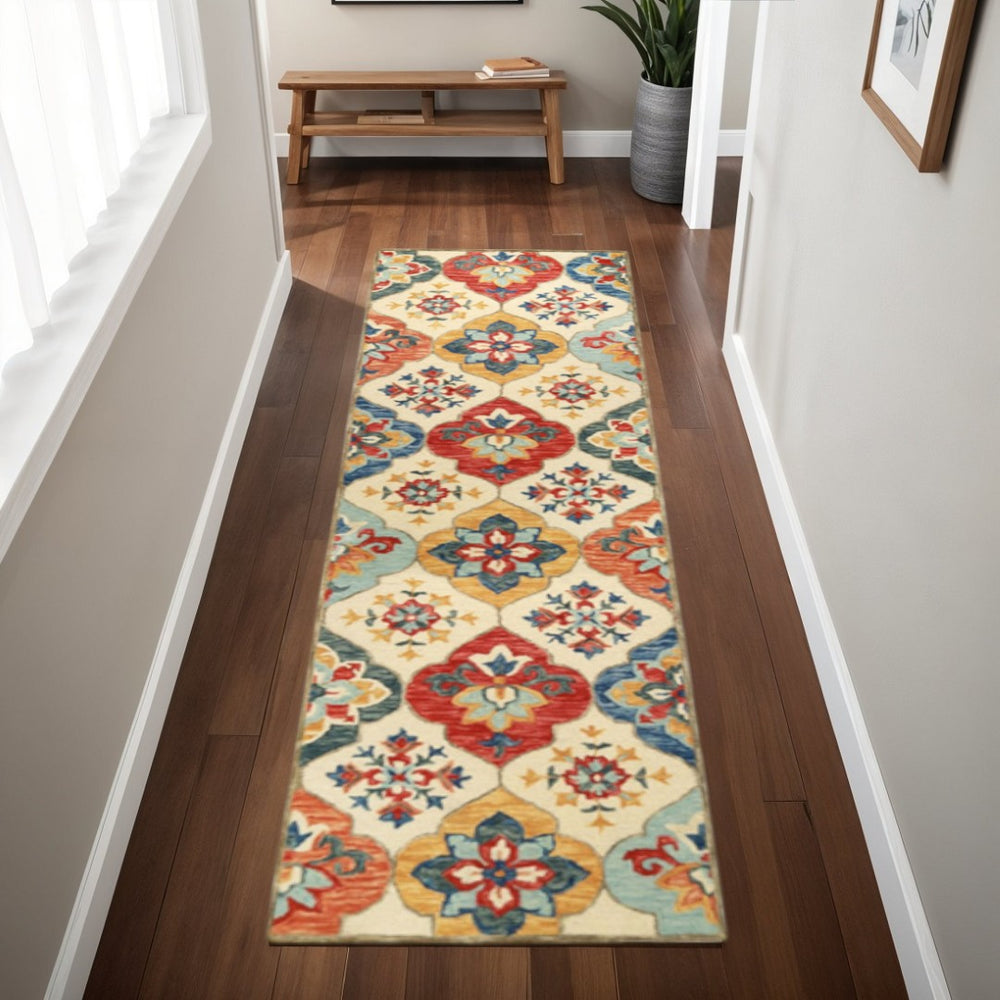 HomeRoots 8' Blue and Ivory Geometric Wool Runner Rug – Hand-Tufted Artisanal Design for Modern Spaces 8' Runner 486902