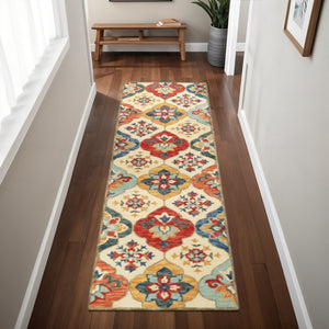 HomeRoots 8' Blue and Ivory Geometric Wool Runner Rug – Hand-Tufted Artisanal Design for Modern Spaces 8' Runner 486902