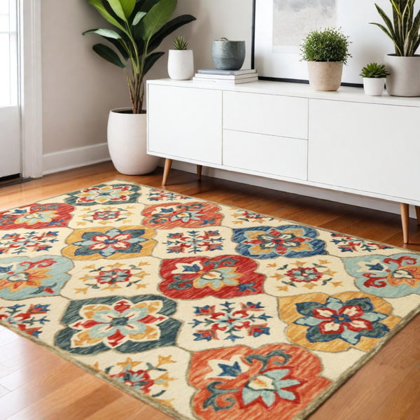 HomeRoots 8' Blue and Ivory Geometric Wool Runner Rug – Hand-Tufted Artisanal Design for Modern Spaces 4' X 6' 486904