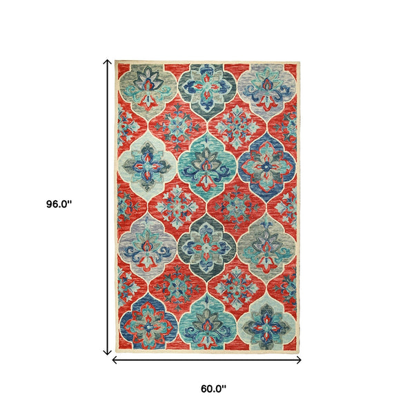 Homeroots 5' X 8' Blue And Rust Wool Geometric Tufted Stain Resistant Area Rug  Wool 486905