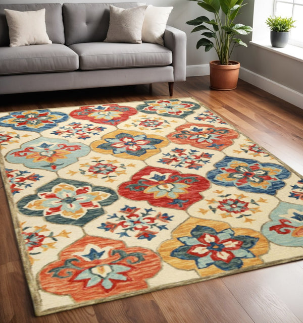 HomeRoots 8' Blue and Ivory Geometric Wool Runner Rug – Hand-Tufted Artisanal Design for Modern Spaces 5' X 8' 486906