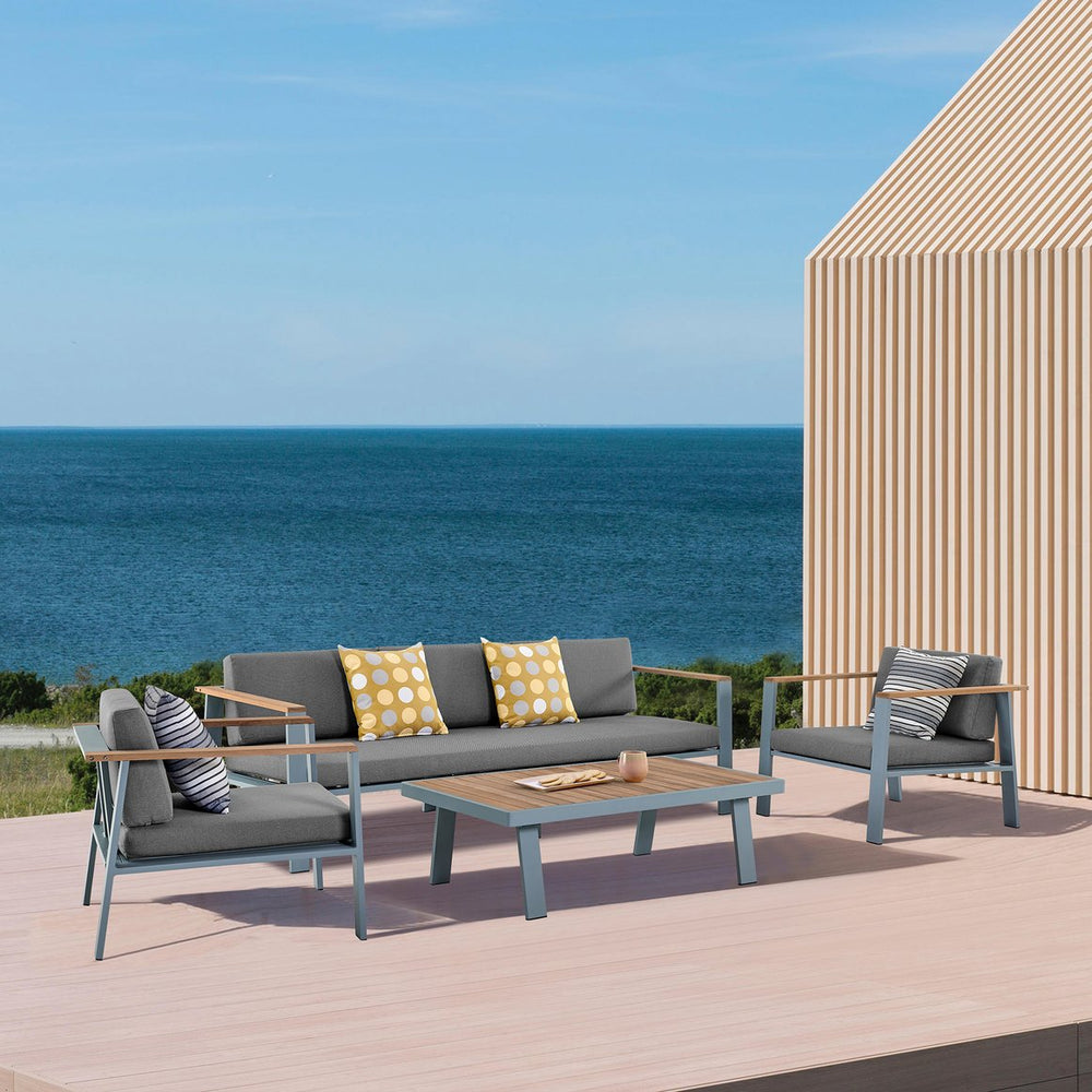 English Elm Ivano Modern 4-Piece Outdoor Patio Set Gray with Teak Accents, Water-Resistant Olefin Cushions B2736P354362