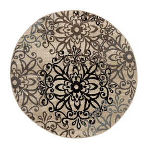 Homeroots 5' Round Tan Gray And Black Round Floral Medallion Stain Resistant Area Rug  Polypropylene 486931