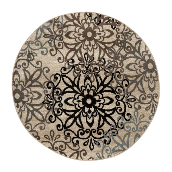 Homeroots 5' Round Tan Gray And Black Round Floral Medallion Stain Resistant Area Rug  Polypropylene 486931