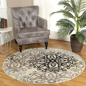 Homeroots 5' Round Tan Gray And Black Round Floral Medallion Stain Resistant Area Rug  Polypropylene 486931