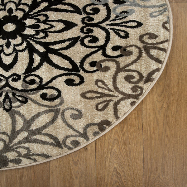 Homeroots 5' Round Tan Gray And Black Round Floral Medallion Stain Resistant Area Rug  Polypropylene 486931