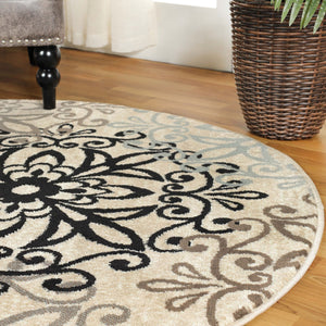 Homeroots 5' Round Tan Gray And Black Round Floral Medallion Stain Resistant Area Rug  Polypropylene 486931