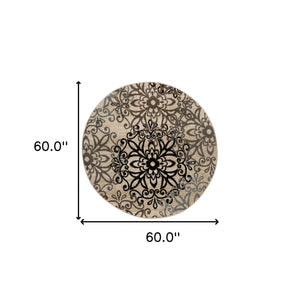 Homeroots 5' Round Tan Gray And Black Round Floral Medallion Stain Resistant Area Rug  Polypropylene 486931
