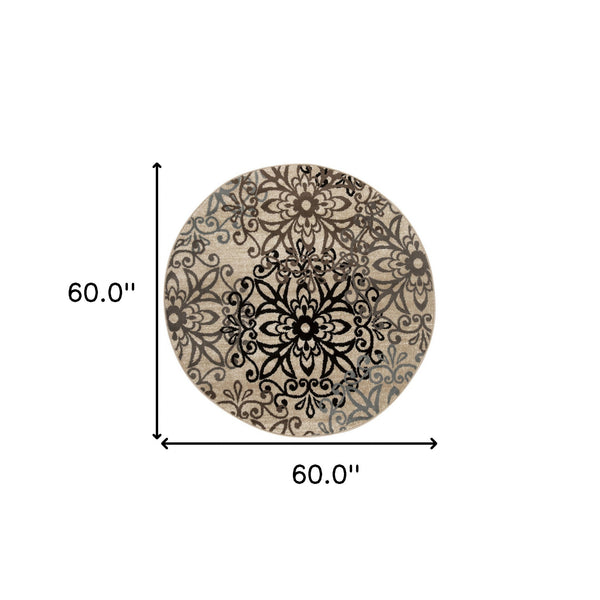 Homeroots 5' Round Tan Gray And Black Round Floral Medallion Stain Resistant Area Rug  Polypropylene 486931