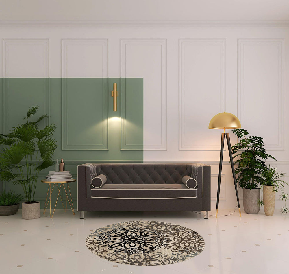 Homeroots 5' Round Tan Gray And Black Round Floral Medallion Stain Resistant Area Rug  Polypropylene 486931