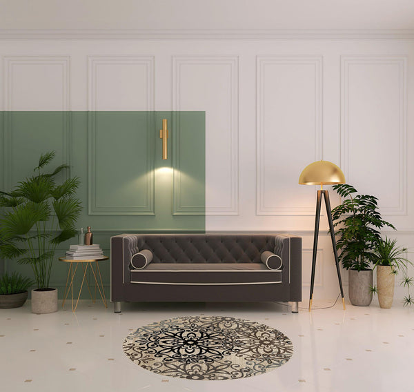 Homeroots 5' Round Tan Gray And Black Round Floral Medallion Stain Resistant Area Rug  Polypropylene 486931