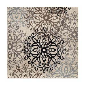 Homeroots 5' Square Tan Gray And Black Square Floral Medallion Stain Resistant Area Rug  Polypropylene 486932