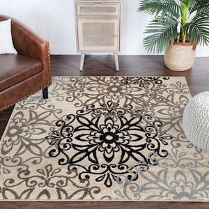 Homeroots 5' Square Tan Gray And Black Square Floral Medallion Stain Resistant Area Rug  Polypropylene 486932
