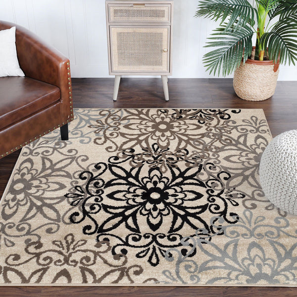 Homeroots 5' Square Tan Gray And Black Square Floral Medallion Stain Resistant Area Rug  Polypropylene 486932