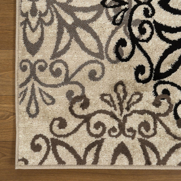 Homeroots 5' Square Tan Gray And Black Square Floral Medallion Stain Resistant Area Rug  Polypropylene 486932
