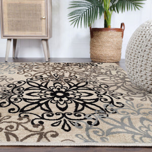 Homeroots 5' Square Tan Gray And Black Square Floral Medallion Stain Resistant Area Rug  Polypropylene 486932