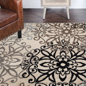 Homeroots 5' Square Tan Gray And Black Square Floral Medallion Stain Resistant Area Rug  Polypropylene 486932