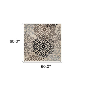 Homeroots 5' Square Tan Gray And Black Square Floral Medallion Stain Resistant Area Rug  Polypropylene 486932