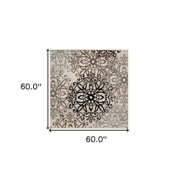 Homeroots 5' Square Tan Gray And Black Square Floral Medallion Stain Resistant Area Rug  Polypropylene 486932