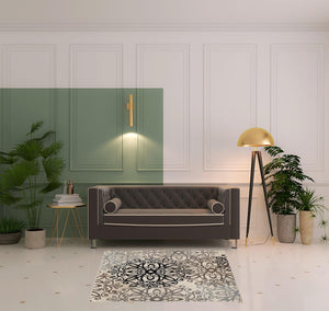 Homeroots 5' Square Tan Gray And Black Square Floral Medallion Stain Resistant Area Rug  Polypropylene 486932