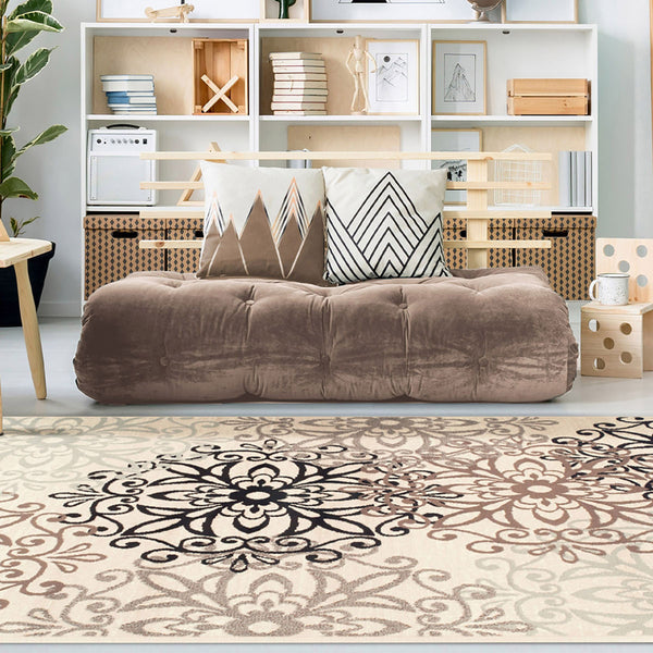Homeroots 5' X 8' Tan Gray And Black Floral Medallion Stain Resistant Area Rug  Polypropylene 486933