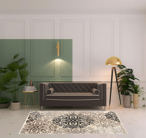 Homeroots 5' X 8' Tan Gray And Black Floral Medallion Stain Resistant Area Rug  Polypropylene 486933