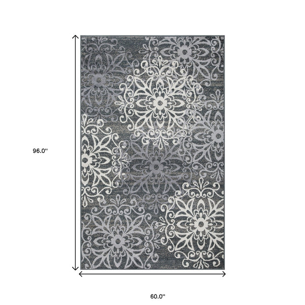 Homeroots 5' X 8' Slate And Gray Medallion Power Loom Stain Resistant Area Rug  Polypropylene 486938