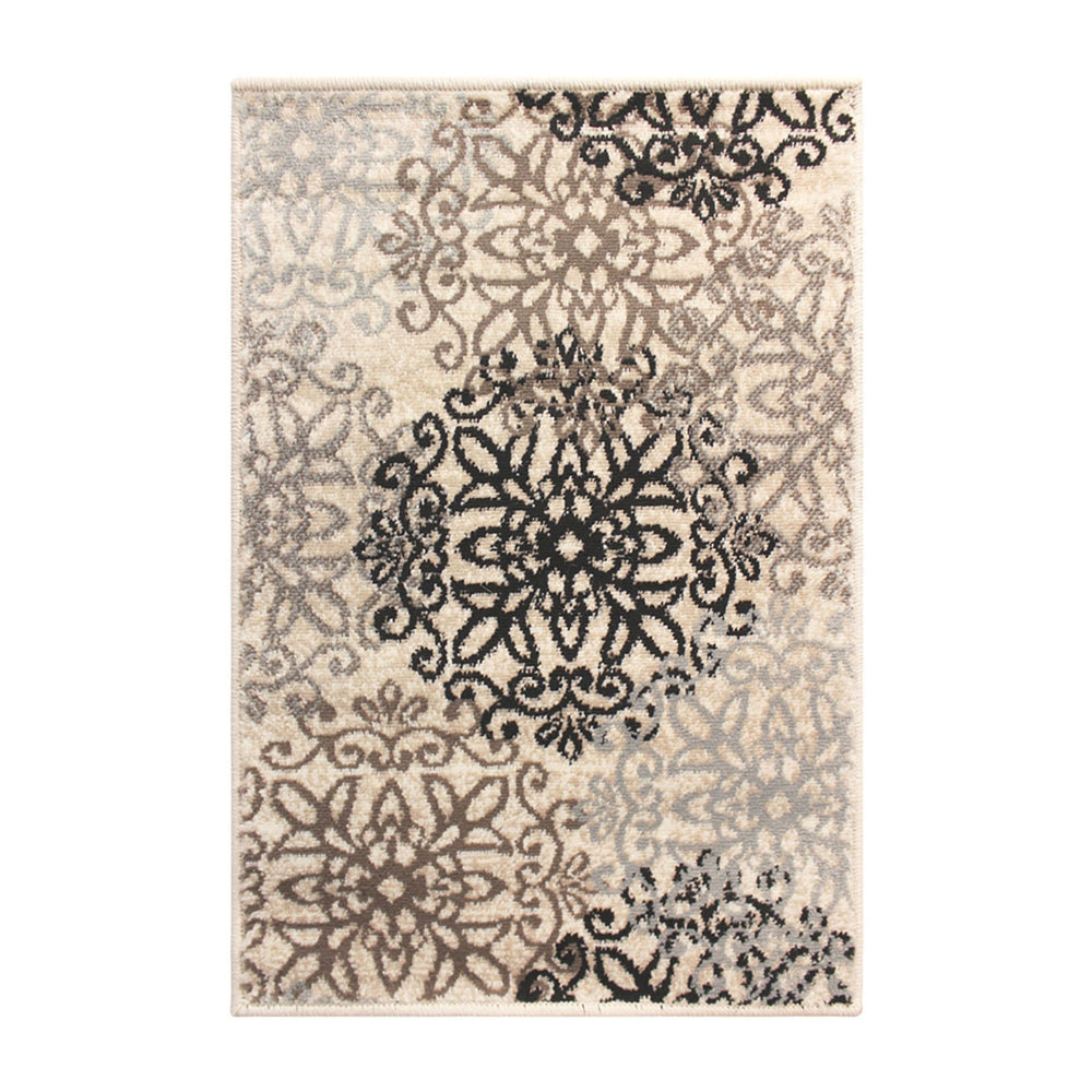 Homeroots 7' X 9' Tan Gray And Black Floral Medallion Stain Resistant Area Rug  Polypropylene 486940