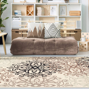 Homeroots 8' X 10' Tan Gray And Black Floral Medallion Stain Resistant Area Rug  Polypropylene 486942