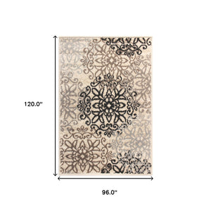 Homeroots 8' X 10' Tan Gray And Black Floral Medallion Stain Resistant Area Rug  Polypropylene 486942