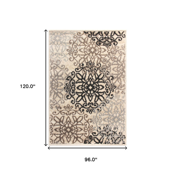 Homeroots 8' X 10' Tan Gray And Black Floral Medallion Stain Resistant Area Rug  Polypropylene 486942