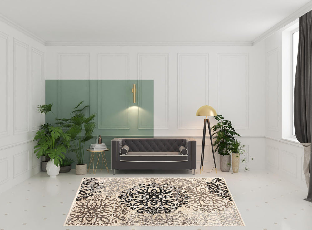 Homeroots 8' X 10' Tan Gray And Black Floral Medallion Stain Resistant Area Rug  Polypropylene 486942