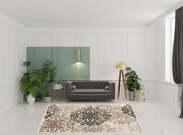 Homeroots 8' X 10' Tan Gray And Black Floral Medallion Stain Resistant Area Rug  Polypropylene 486942