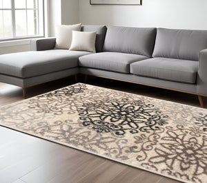 HomeRoots 7' Floral Medallion Area Rug in Beige, Black, and Brown - Durable, Stain-Resistant Design for Homes 8' X 10' 486942