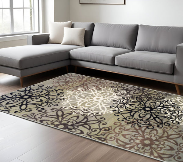 HomeRoots 8' Medallion Round Rug - Elegant Brown, Black & Gray Design for Stylish, Durable Home Décor Solutions 8' X 10' 486943