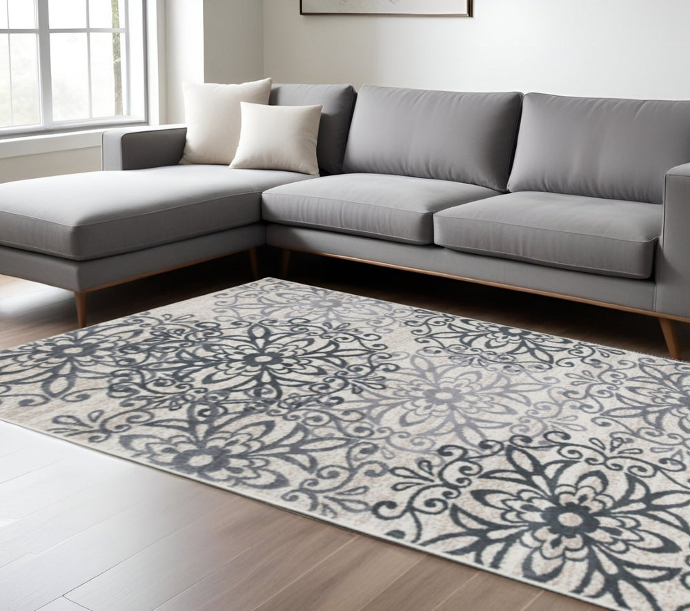 HomeRoots 8' Gray and Charcoal Medallion Area Rug - Durable, Stain-Resistant Design for Timeless Elegance 8' X 10' 486946