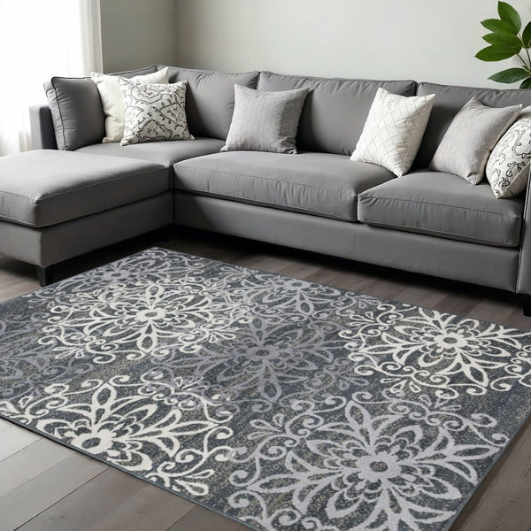 HomeRoots 8' Elegant Ivory and Slate Gray Medallion Area Rug - Durable, Stylish, and Family-Friendly Floor Covering 8' X 10' 486947