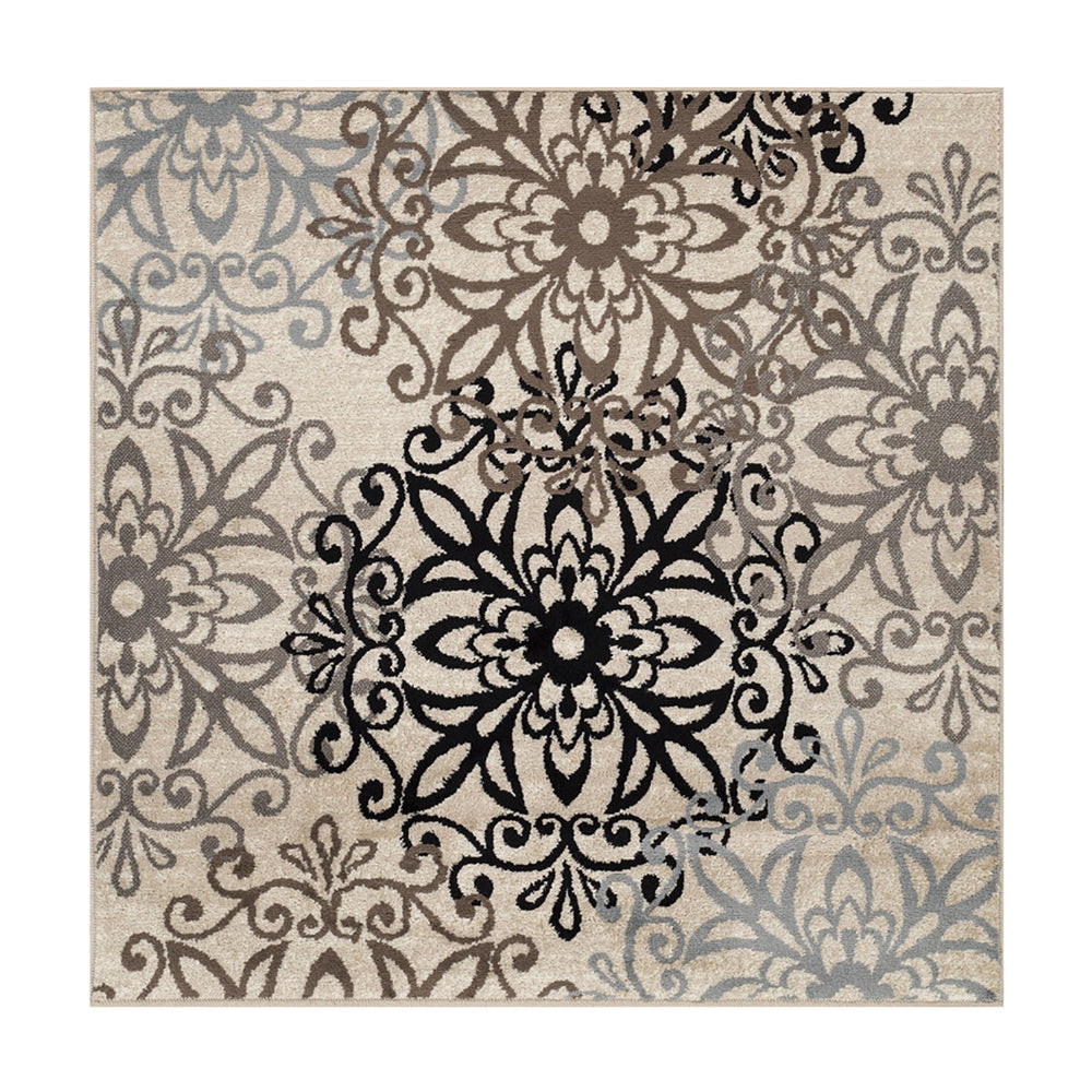 Homeroots 8' Square Tan Gray And Black Square Floral Medallion Stain Resistant Area Rug  Polypropylene 486948