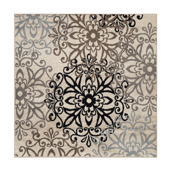 Homeroots 8' Square Tan Gray And Black Square Floral Medallion Stain Resistant Area Rug  Polypropylene 486948
