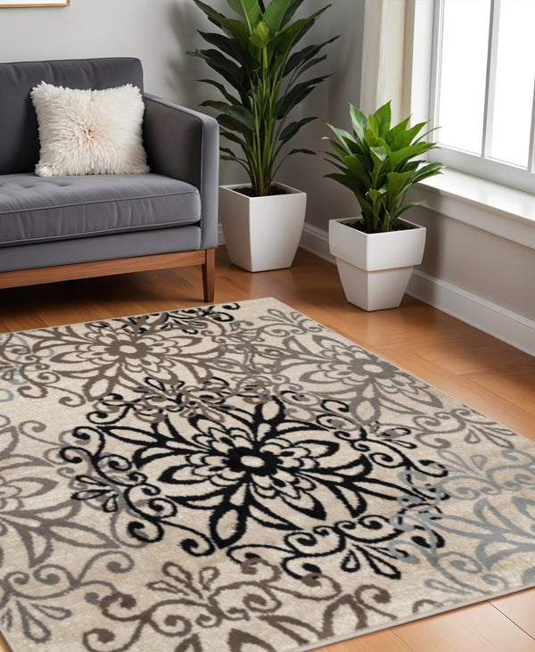 HomeRoots 8' Medallion Area Rug in Brown, Black, and Gray – Durable, Stain-Resistant Design for Any Room 8' Square 486948