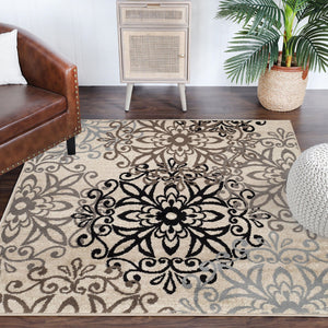 Homeroots 8' Square Tan Gray And Black Square Floral Medallion Stain Resistant Area Rug  Polypropylene 486948