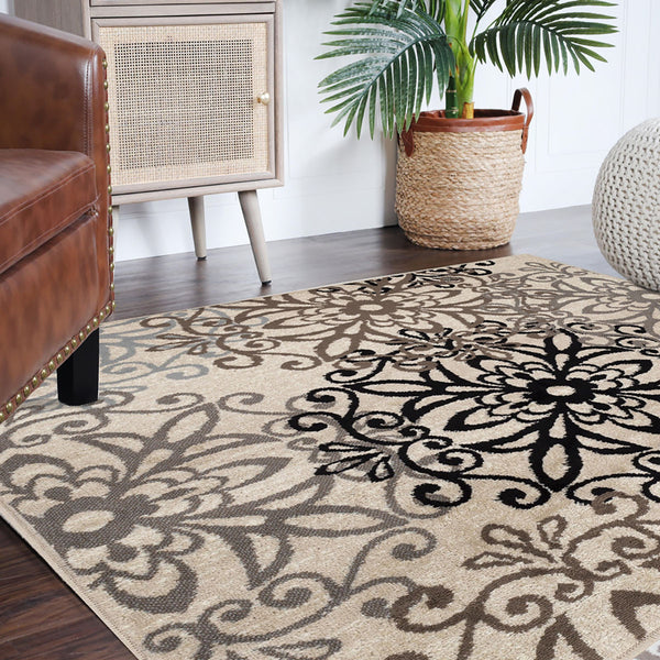 Homeroots 8' Square Tan Gray And Black Square Floral Medallion Stain Resistant Area Rug  Polypropylene 486948