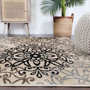 Homeroots 8' Square Tan Gray And Black Square Floral Medallion Stain Resistant Area Rug  Polypropylene 486948