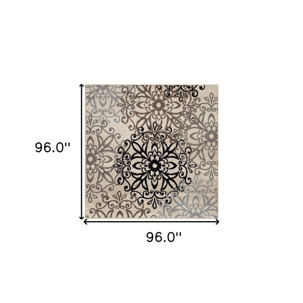 Homeroots 8' Square Tan Gray And Black Square Floral Medallion Stain Resistant Area Rug  Polypropylene 486948