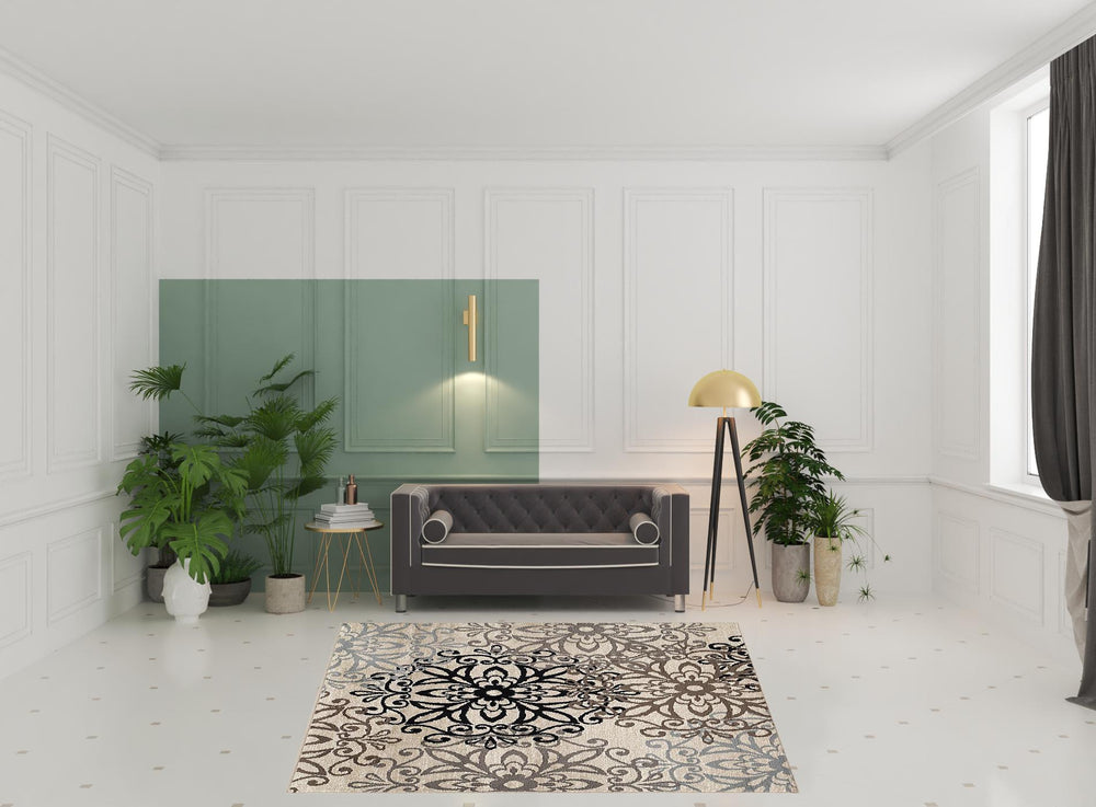 Homeroots 8' Square Tan Gray And Black Square Floral Medallion Stain Resistant Area Rug  Polypropylene 486948