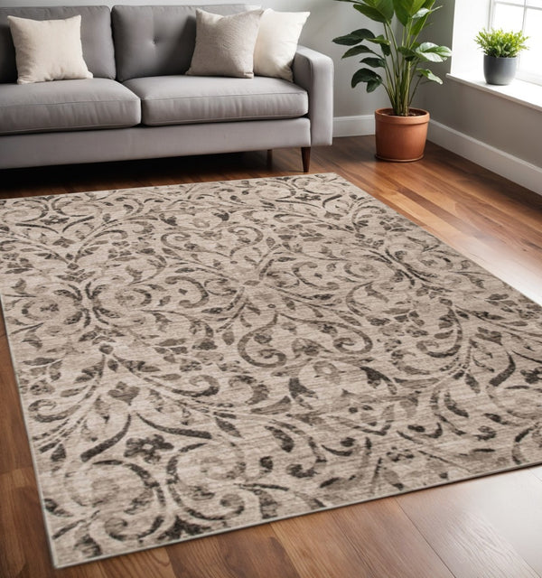 HomeRoots 5' Elegant Beige and Black Floral Vines Area Rug - Soft Microfiber, Stain-Resistant, Durable Design 5' X 8' 486953