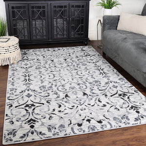 Homeroots 5' X 8' Platinum Floral Vines Power Loom Stain Resistant Area Rug  Microfiber 486954