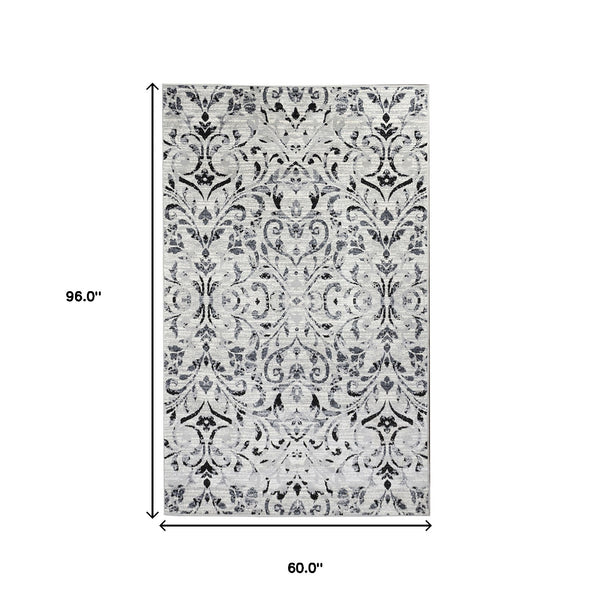 Homeroots 5' X 8' Platinum Floral Vines Power Loom Stain Resistant Area Rug  Microfiber 486954